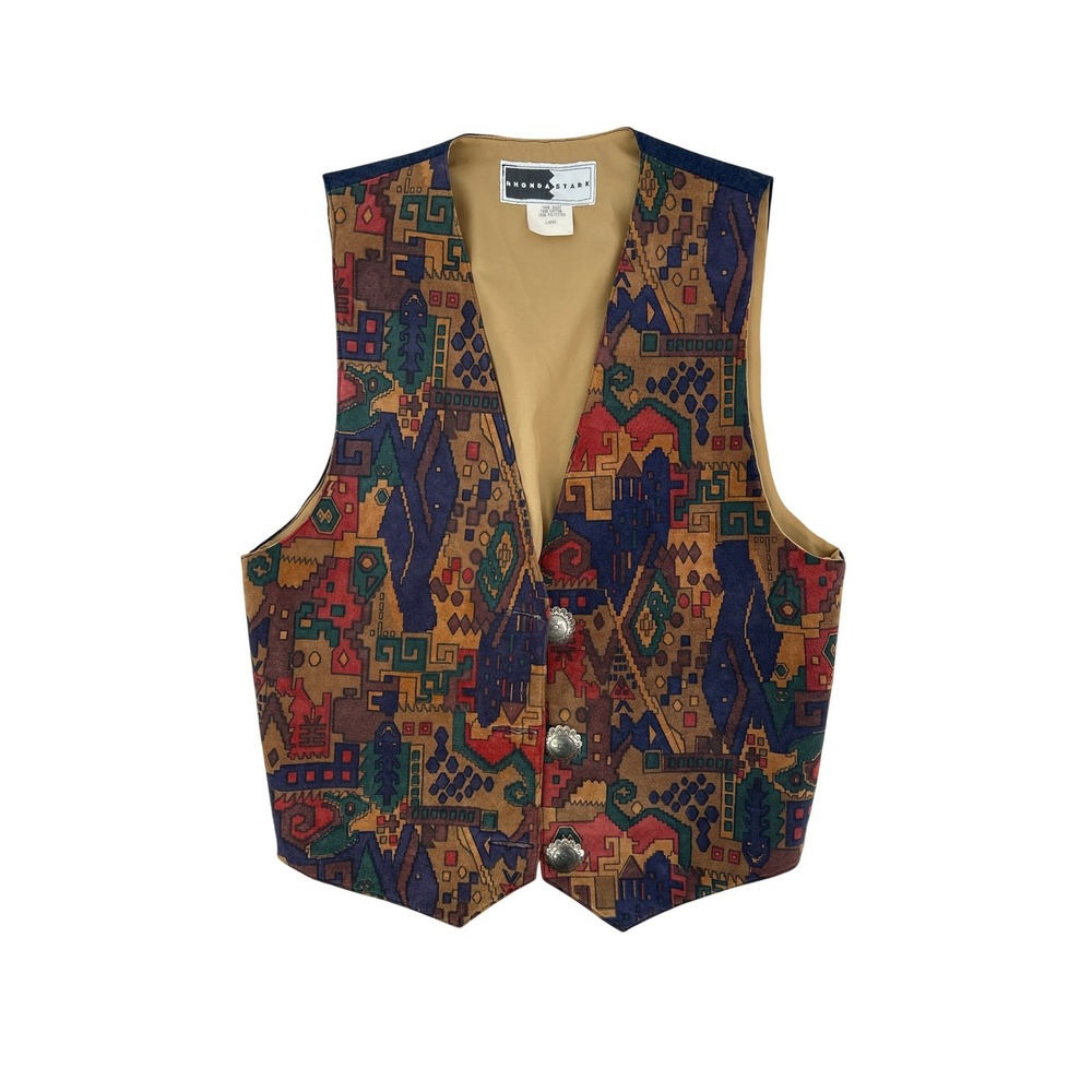 Vintage Southwestern Suede Vest‎ Concho Geometric Button Large Rhonda Stark